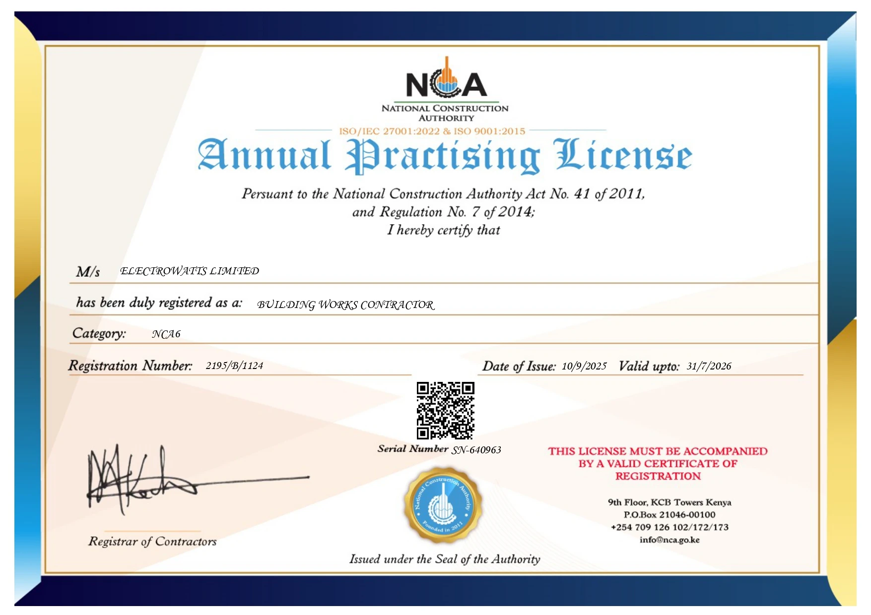 Electrowatts Limited Contractor Licence — Registration No. 2195