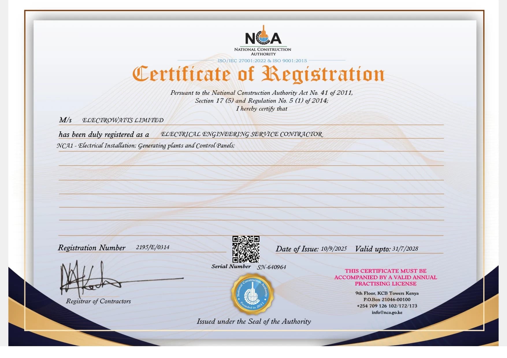 Electrowatts Limited Certificate of Registration
