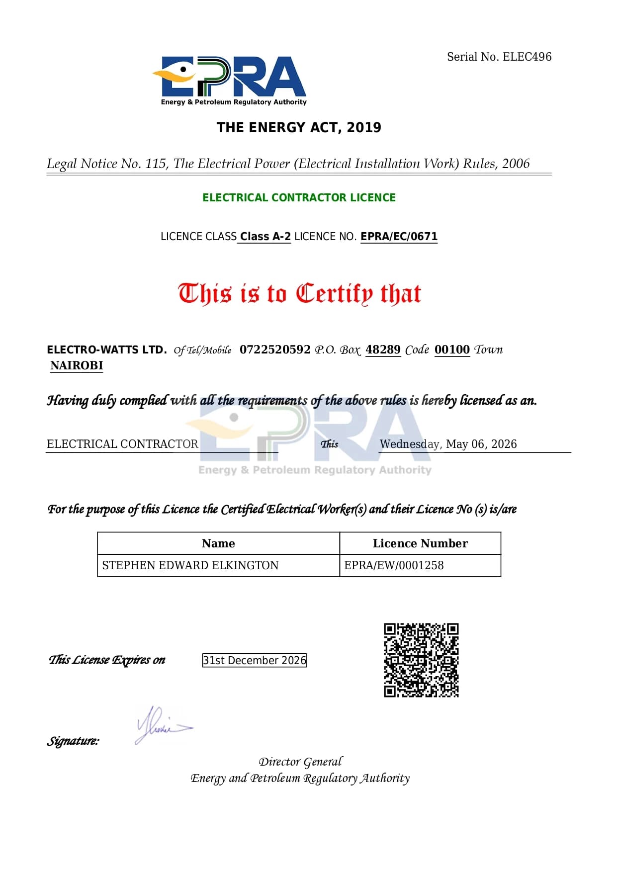 EPRA Energy & Petroleum Regulatory Authority Licence — Valid 2026