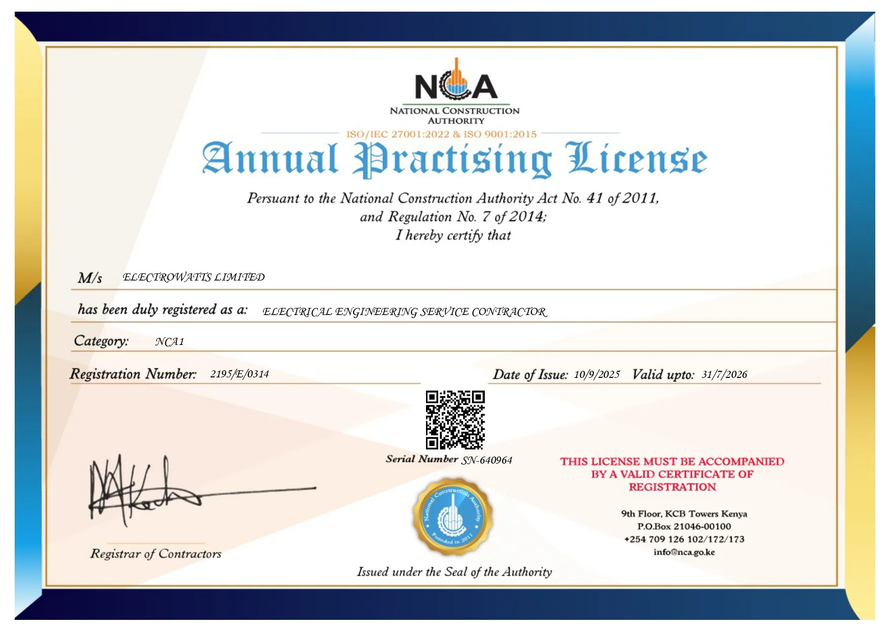 Electrowatts Limited Electrical Licence