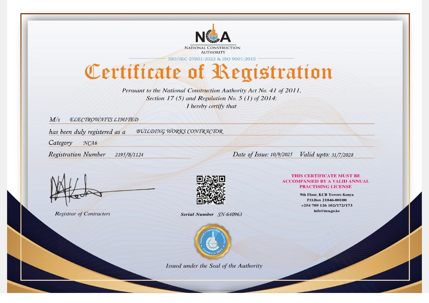 NCA Building Works Contractor Certificate