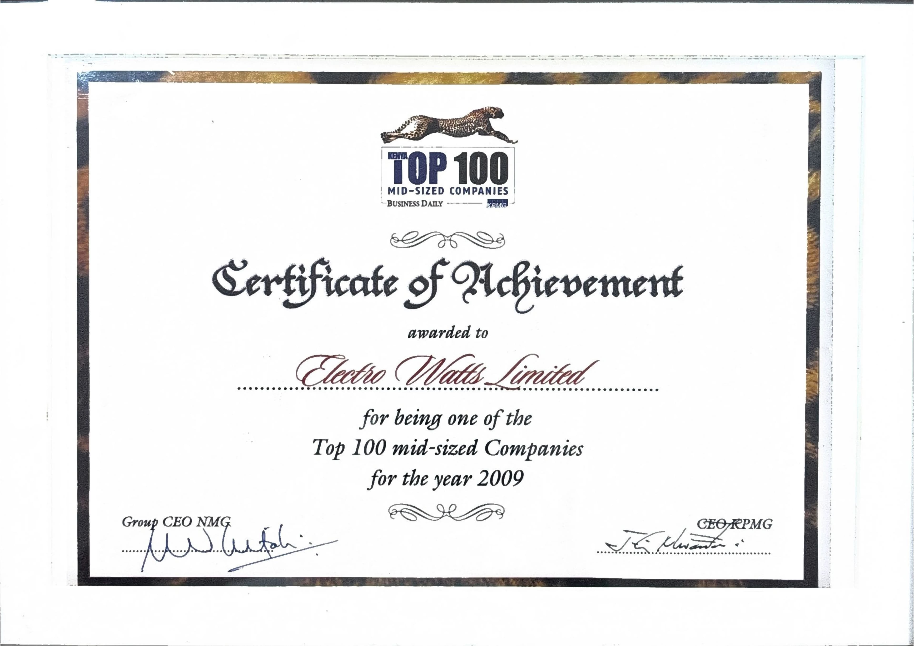 Top 100 Mid-Sized Companies Award — Business Daily & KPMG, 2009